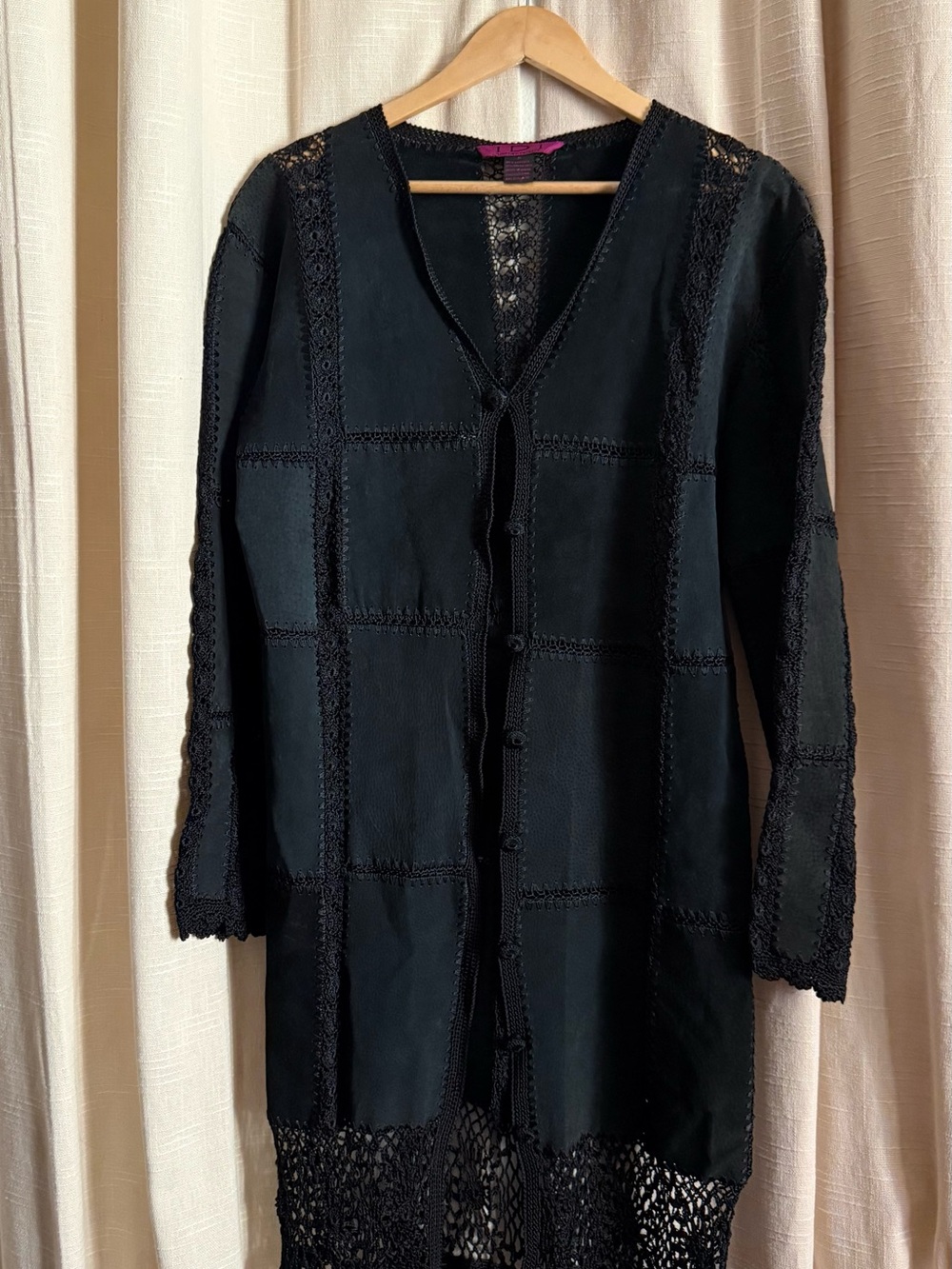 Black leather Crochet-Trim Long cardigan/ Coat for Women